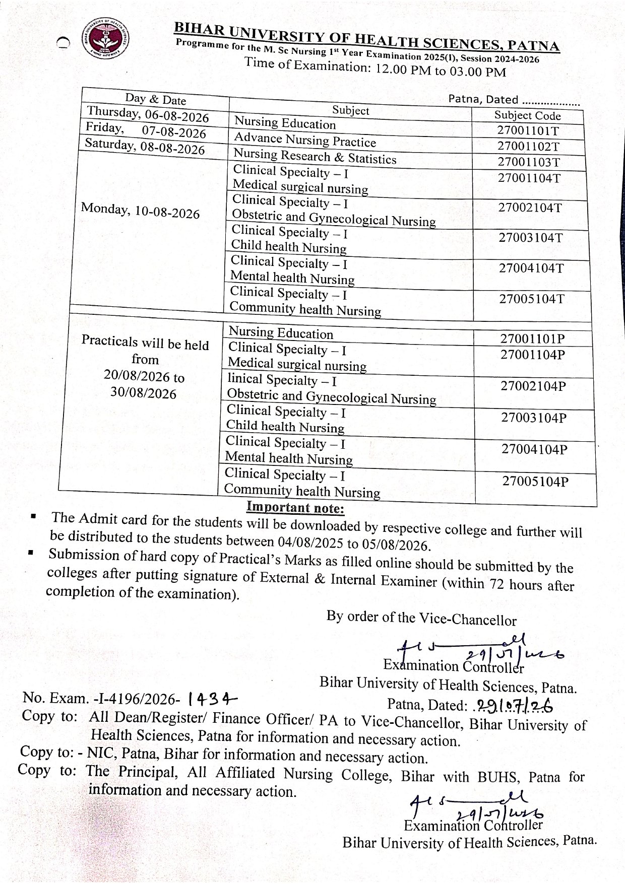 Programme for the M. Sc Nursing 1" Year Examination 2025(1), Session 2024-2026 Time of Examination: 12.00 PM to 03.00 PM