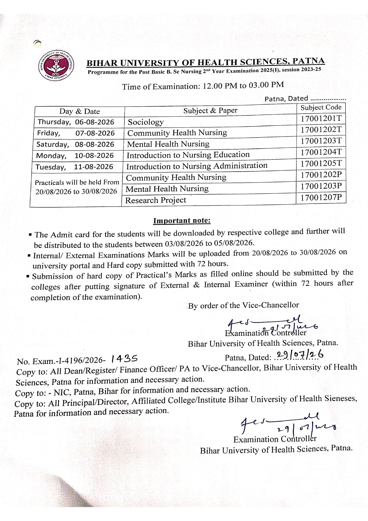 Programme for the Post Basic B. Sc Nursing 2nd Year Examination 2025(1), session 2023-25 Time of Examination: 12.00 PM to 03.00 PM